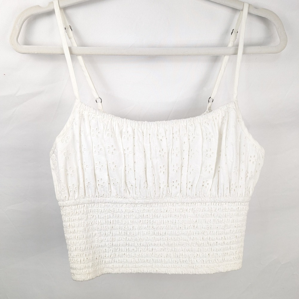 Floral Eyelet Smocked Crop Cami Top Size S White Babydoll Boho Fairy Dainty Y2K